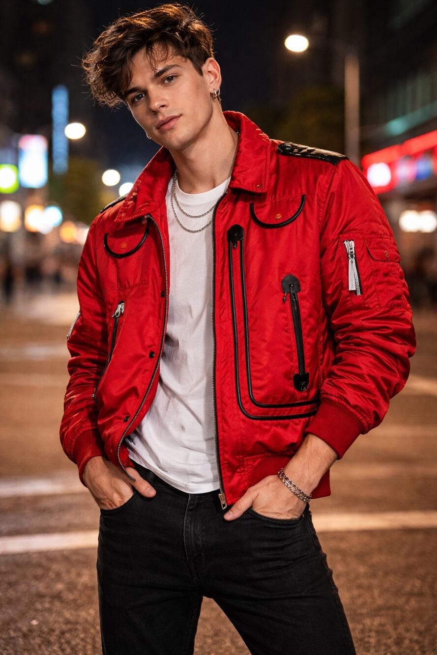 American Stitch Red Utility Bomber Jacket Size L Streetwear Zip Detail